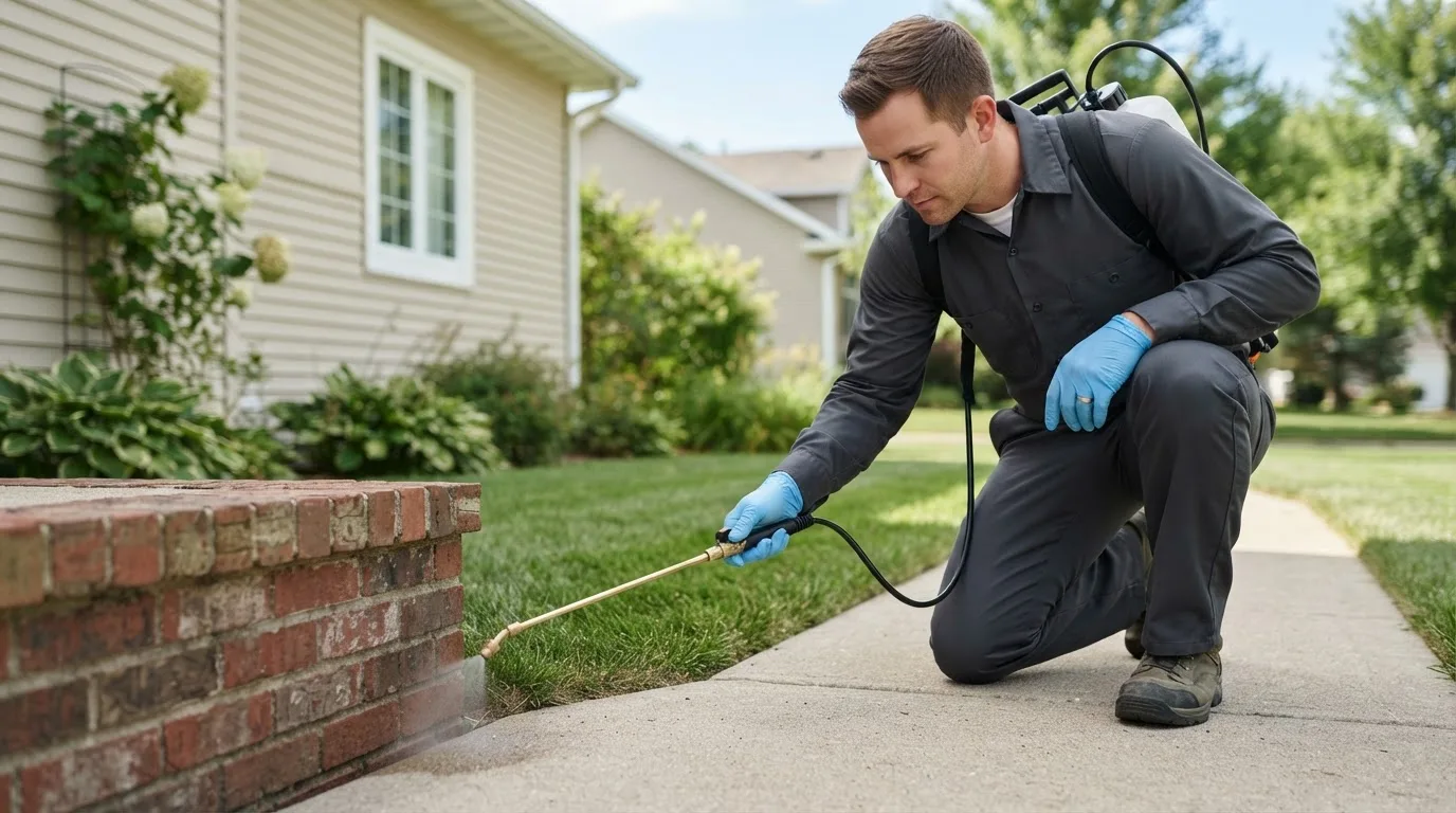 Pest control technician treating a home near Madison, NH